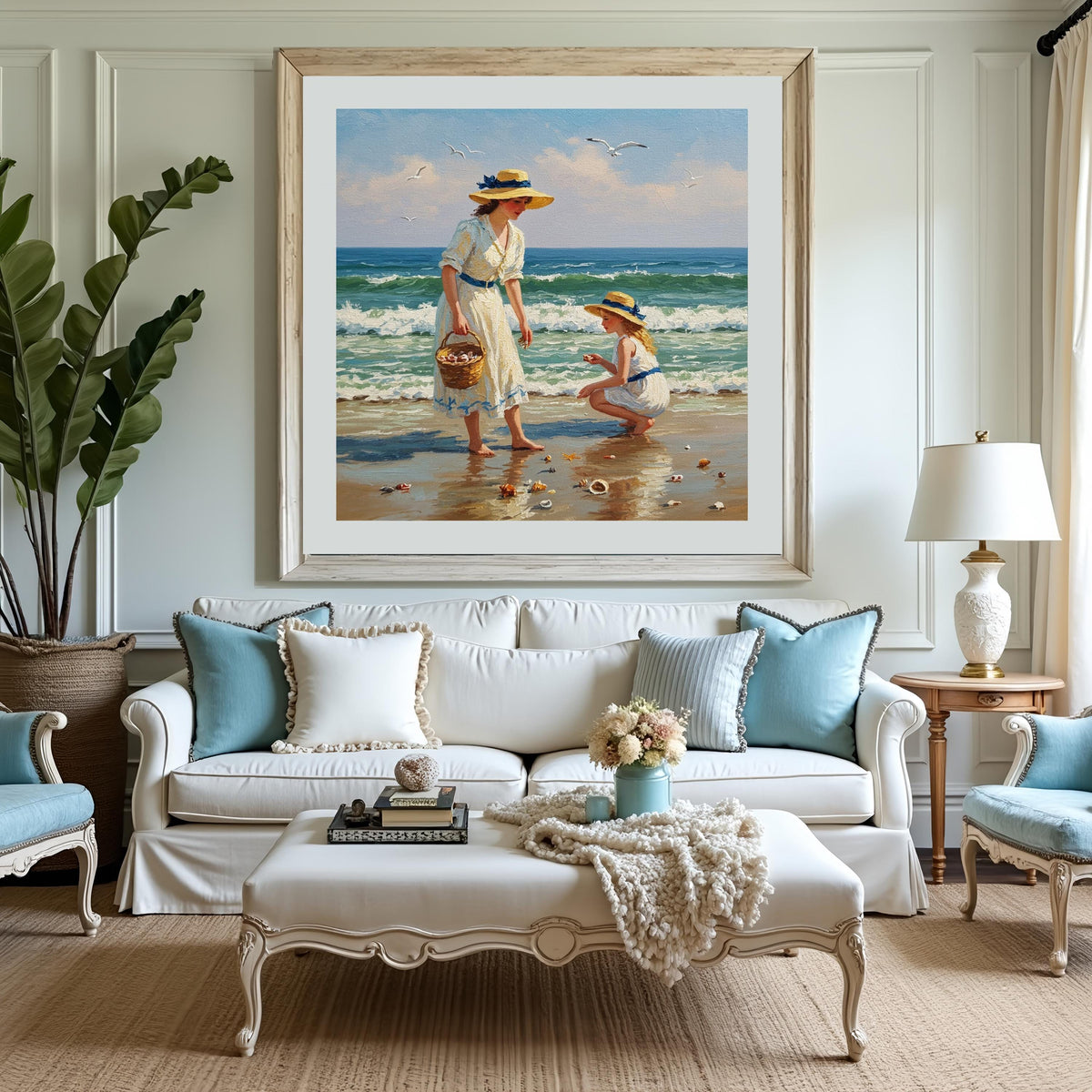 Mother and Daughter Beach Shells: Vintage Seaside Art (Digital Download)