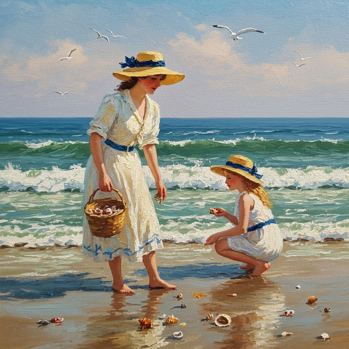 Mother and Daughter Beach Shells: Vintage Seaside Art (Digital Download)