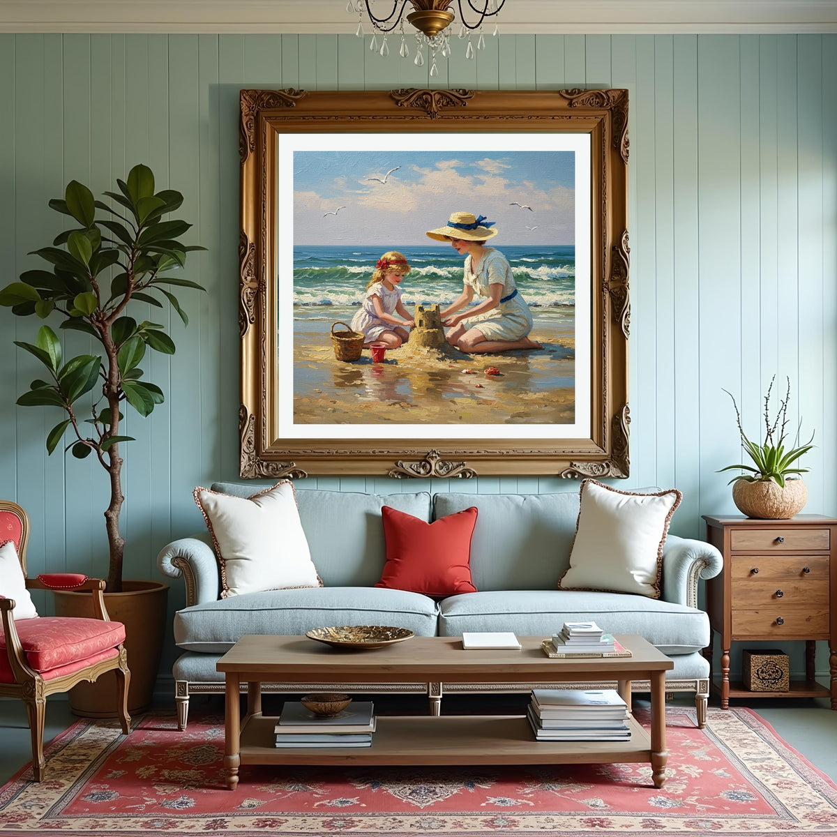 Vintage Mother & Daughter Sandcastle Painting: Coastal Beach House Decor (Digital Download)