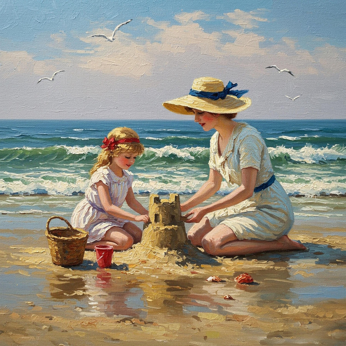 Vintage Mother & Daughter Sandcastle Painting: Coastal Beach House Decor (Digital Download)