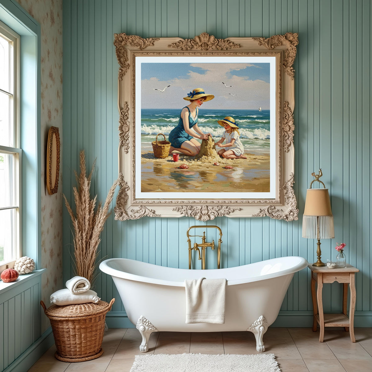 Vintage Beach Painting: Mother and Daughter Sandcastle Art (Digital Print)