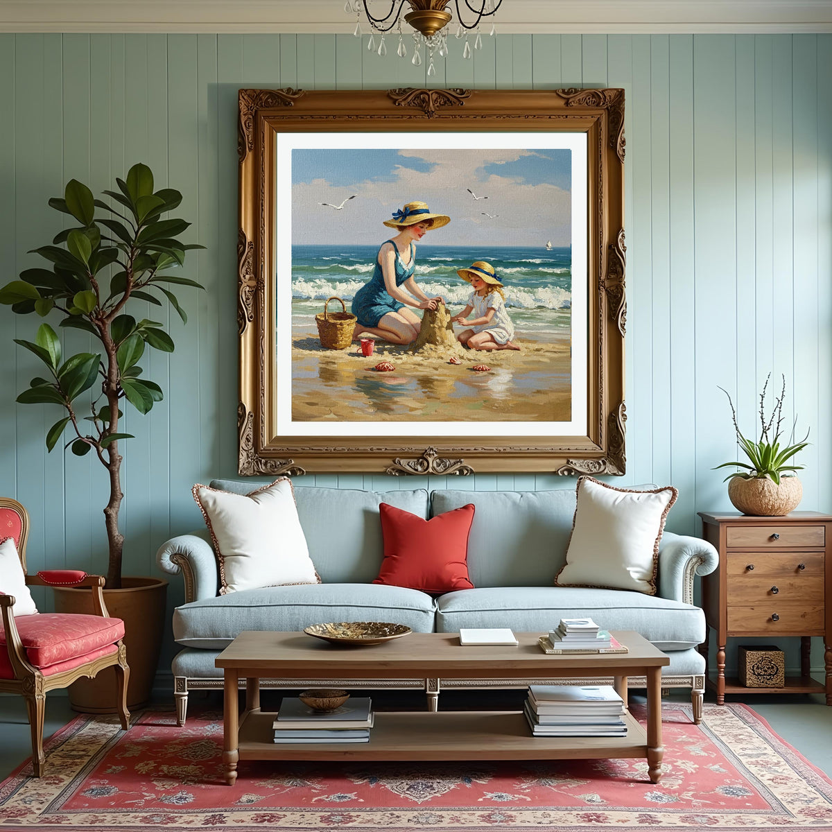 Vintage Beach Painting: Mother and Daughter Sandcastle Art (Digital Print)