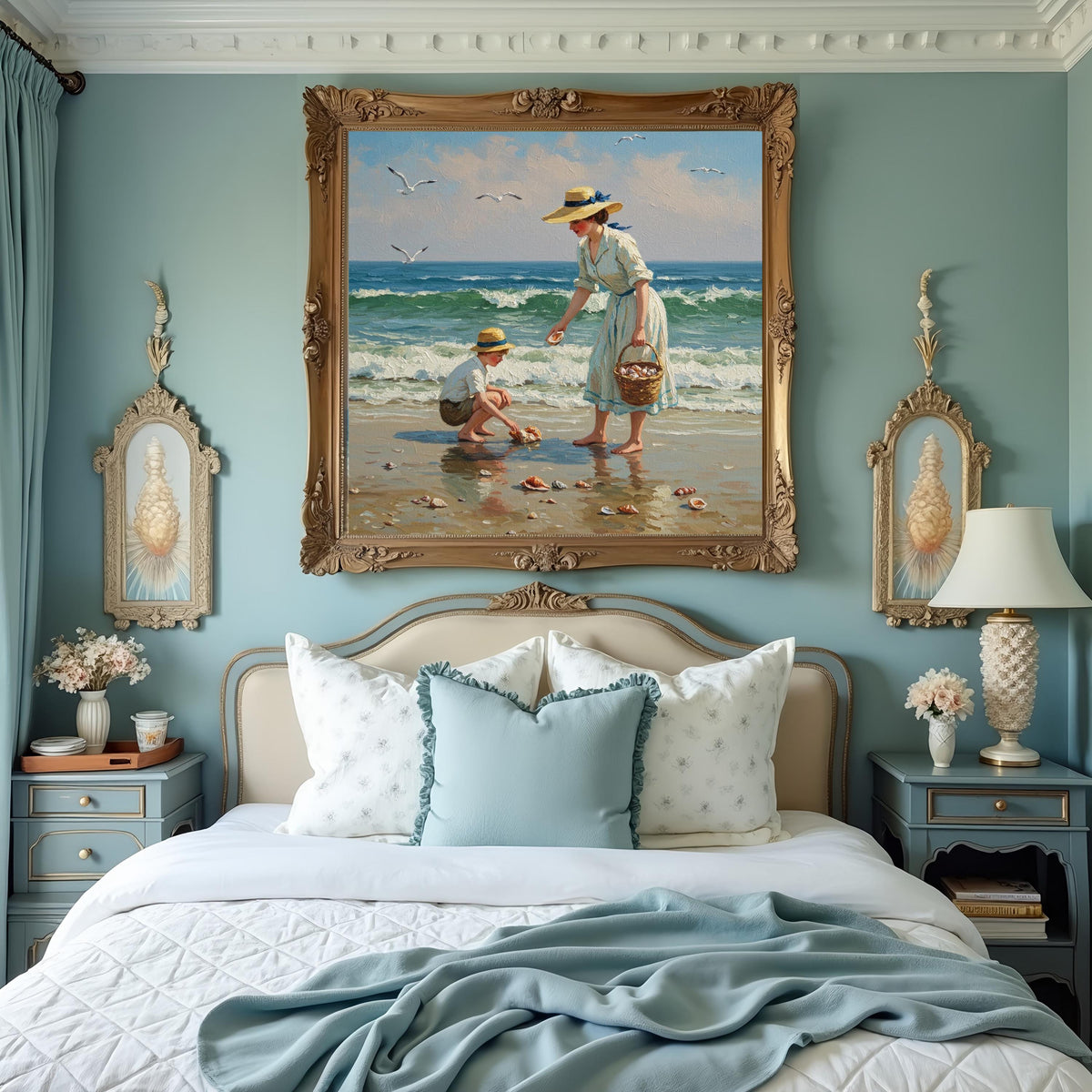 Vintage Mother and Son Seaside Art: Victorian Beach Scene (Digital Download)
