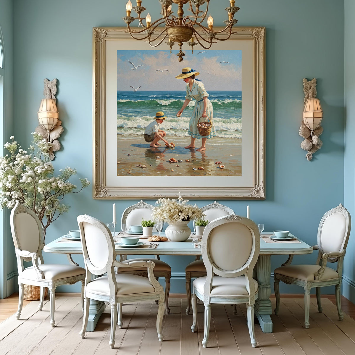 Vintage Mother and Son Seaside Art: Victorian Beach Scene (Digital Download)
