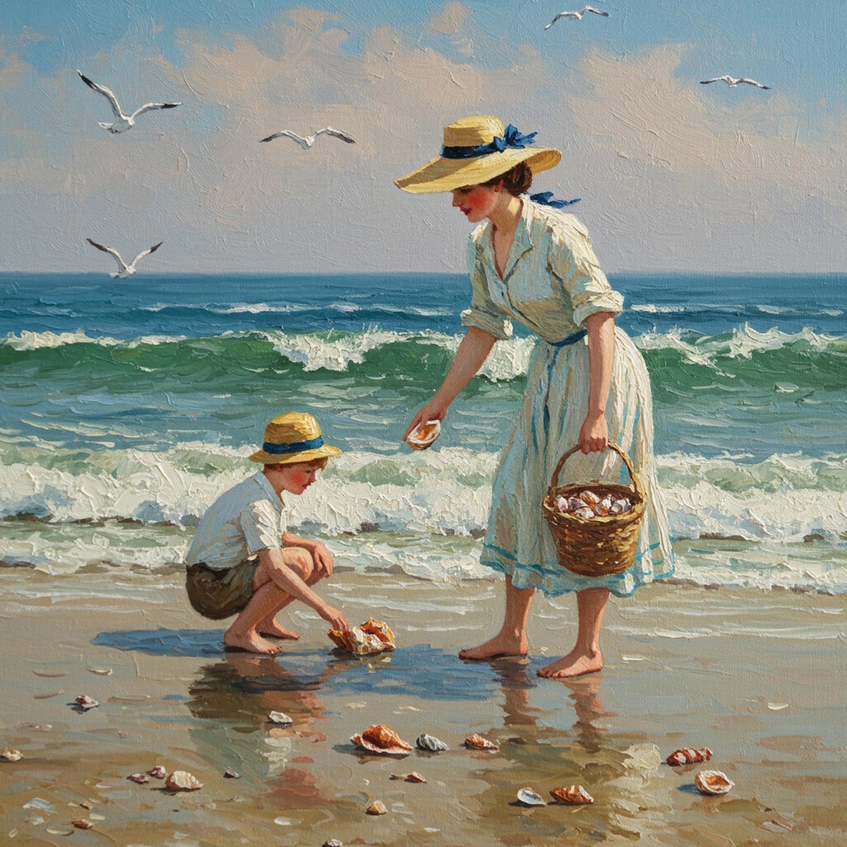 Vintage Mother and Son Seaside Art: Victorian Beach Scene (Digital Download)