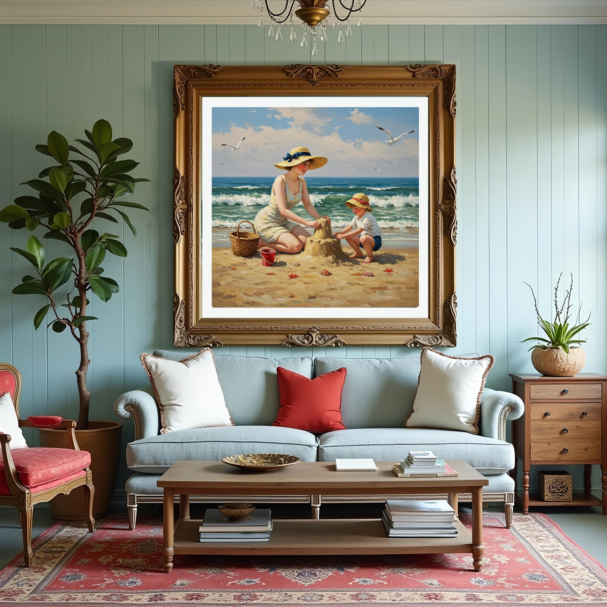 Vintage Seaside Sandcastle Print: Retro Mother & Son Painting (Digital Download)