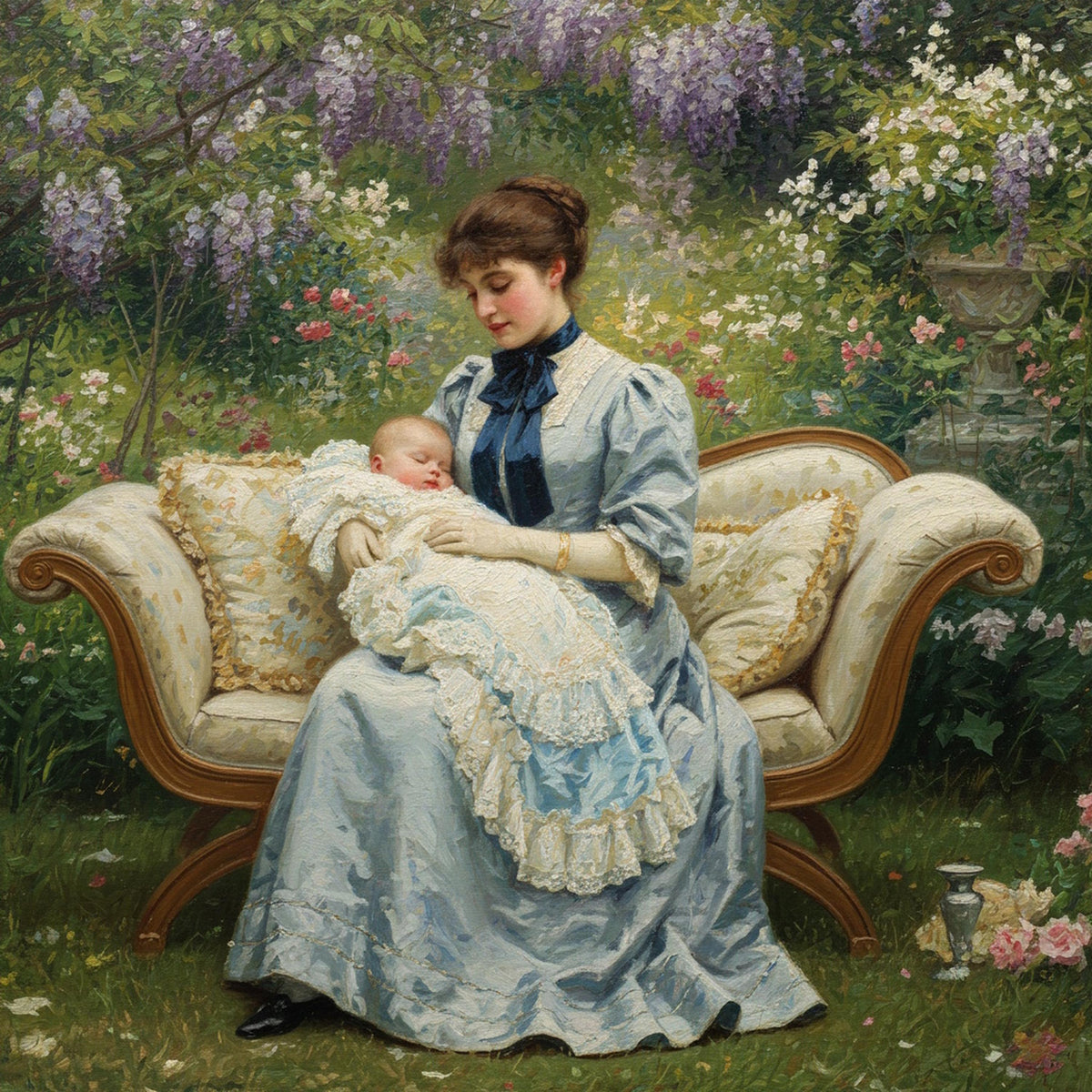 Victorian Mother and Baby Garden Painting: Vintage Floral Nursery Art (Digital Download)