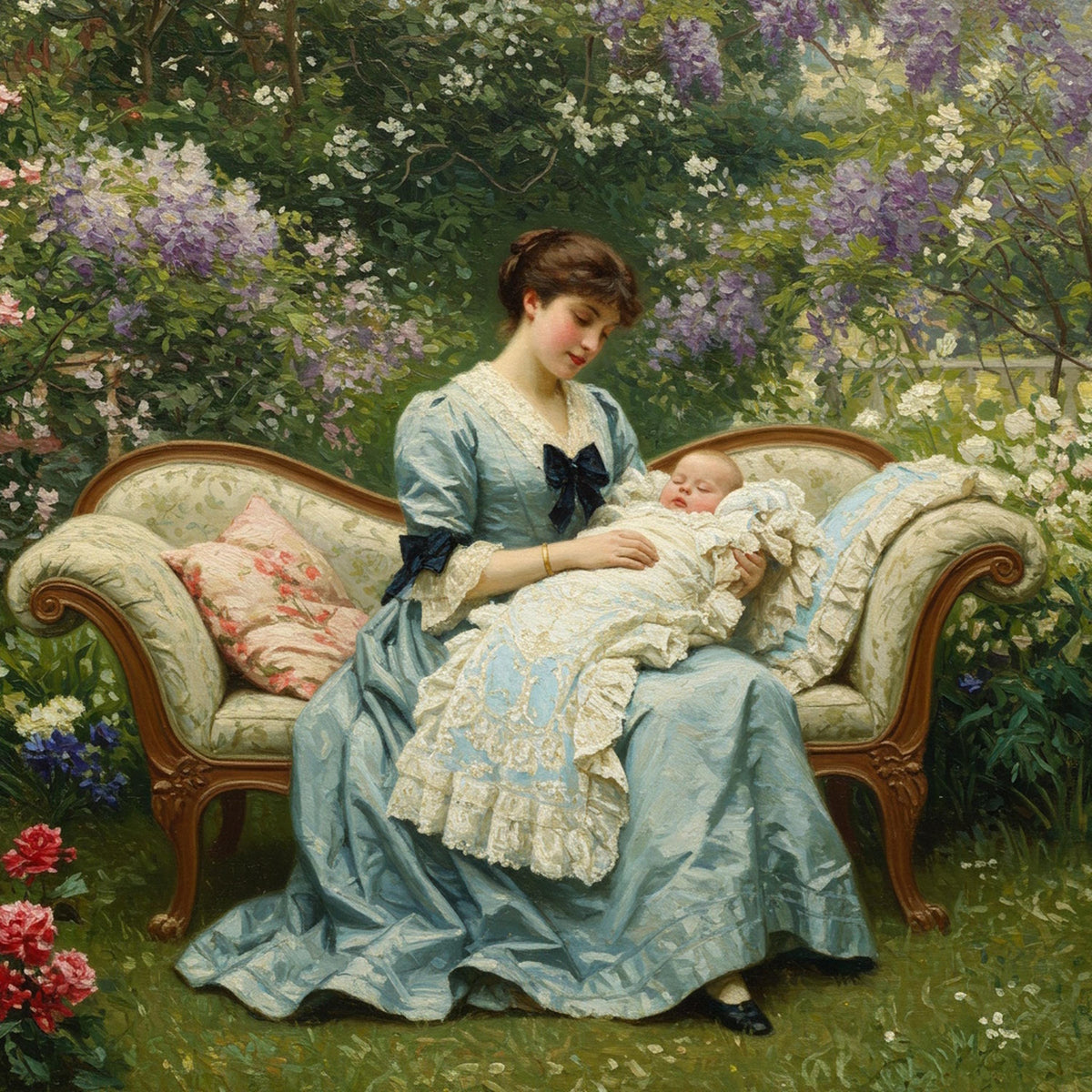 Vintage Mother and Baby Print: Victorian Garden Scene (Digital Download)