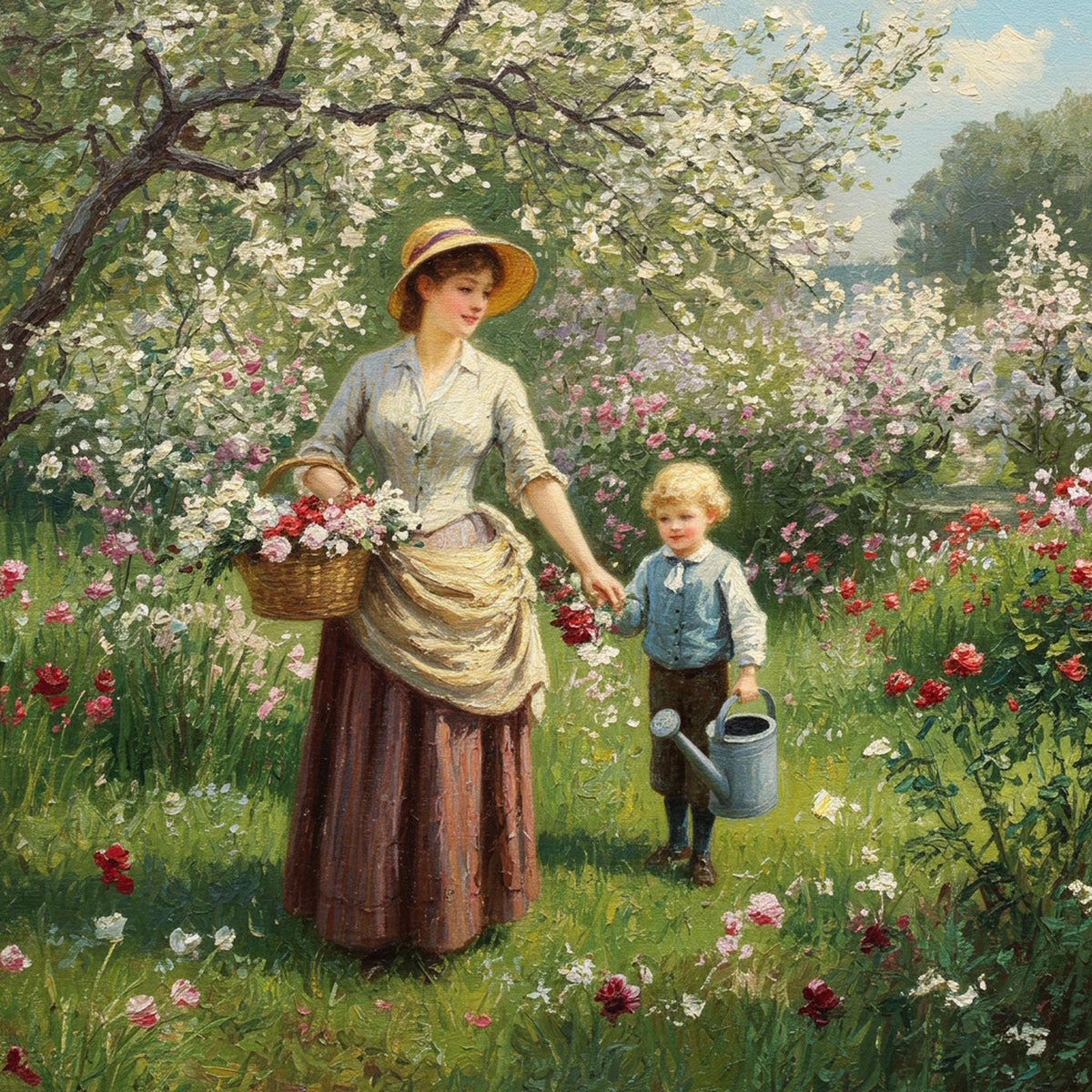 Victorian Mother and Son Spring Garden Art: Vintage Floral Scene (Digital Download)