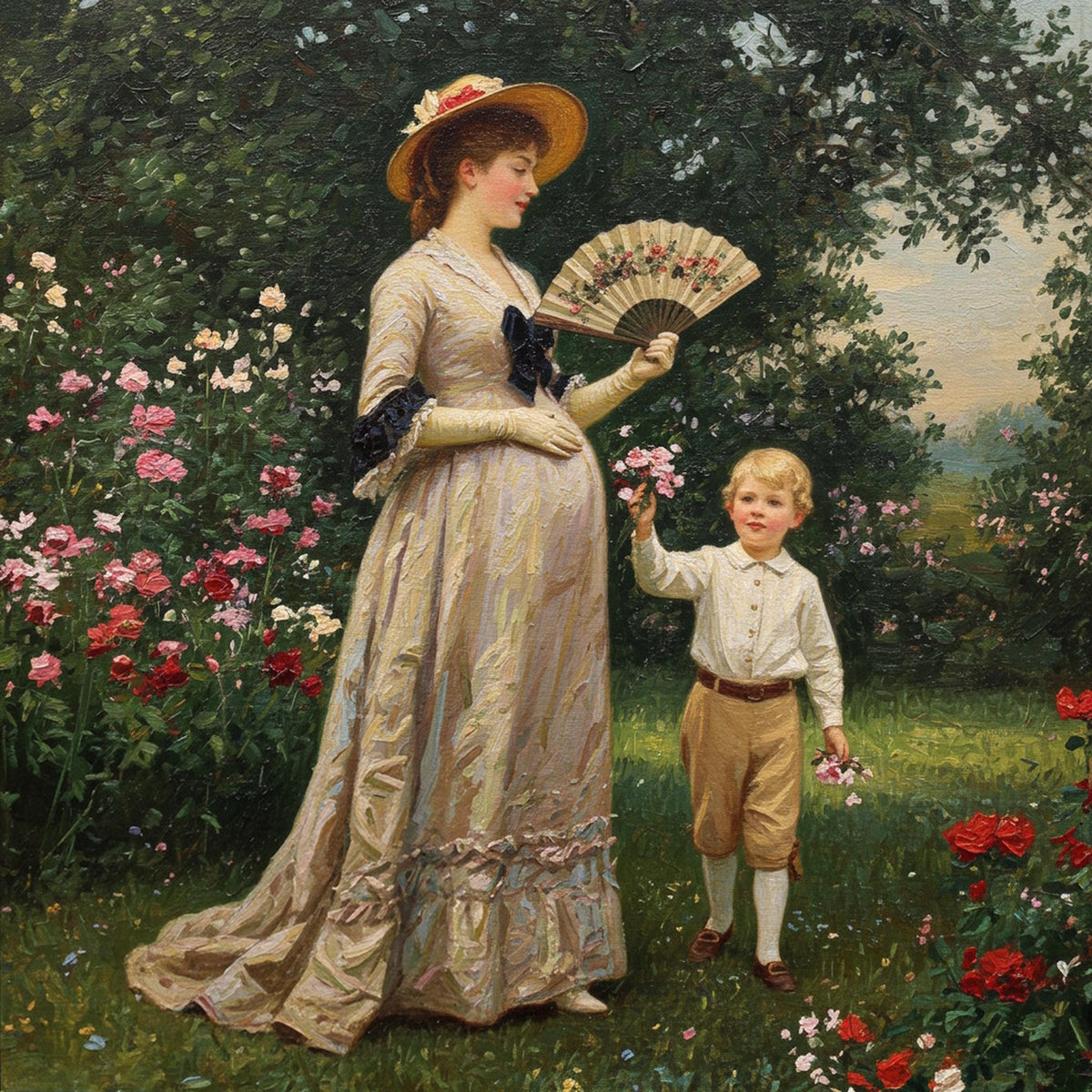 Victorian Mother and Son in Garden Vintage Art (Digital Download)