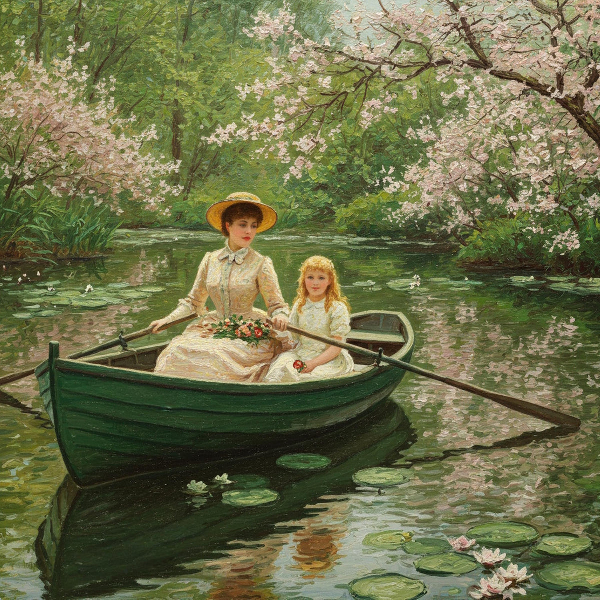 Victorian Mother and Daughter Boat Ride Art: Vintage Spring Scene (Digital Download)