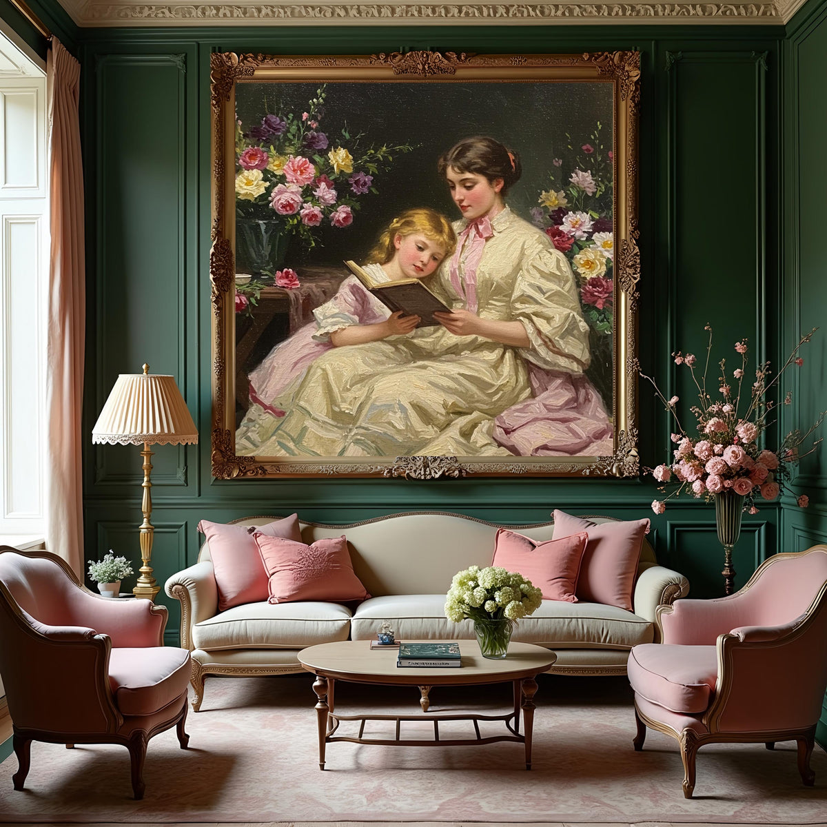 Vintage Mother and Daughter Reading Art Print: Victorian Floral Wall Decor (Digital Download)