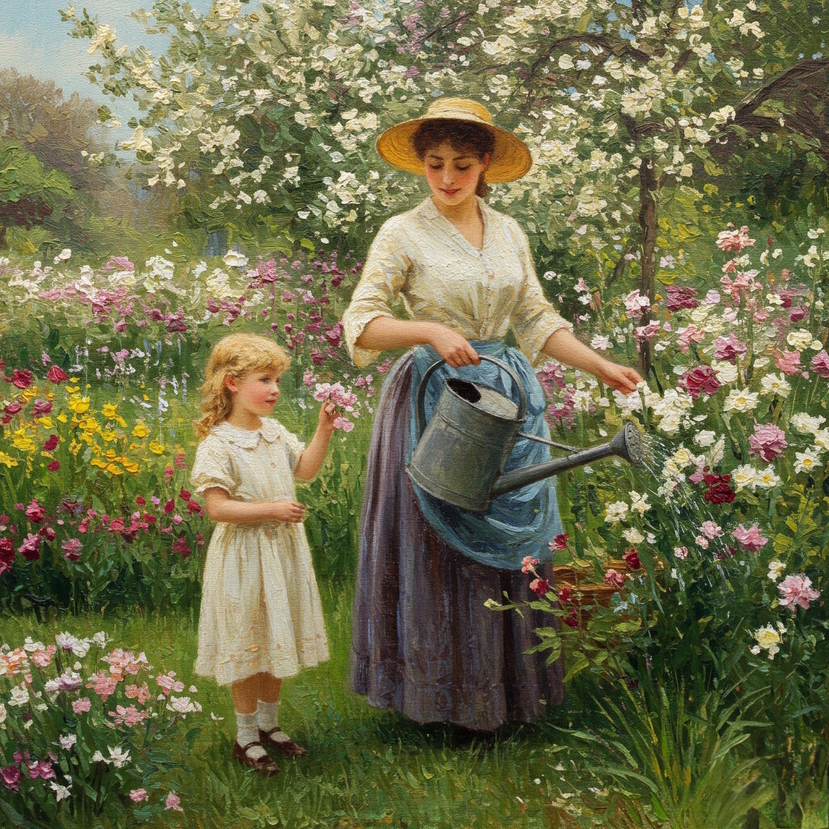 Victorian Mother & Daughter Gardening Art: Vintage Floral Print (Digital Download)