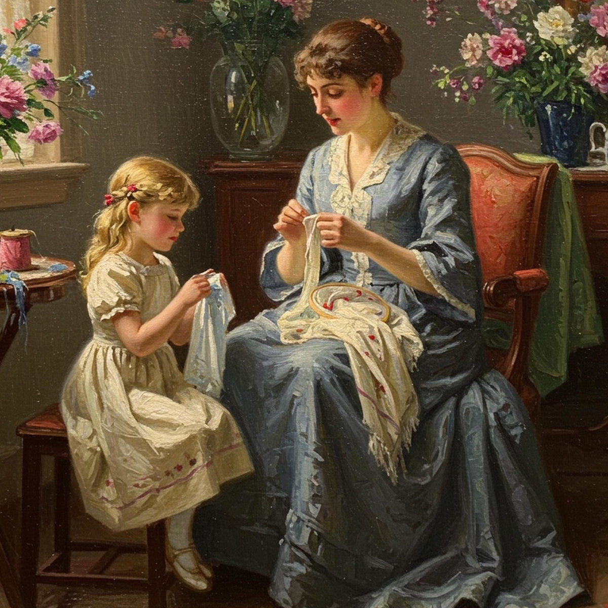 Vintage Mother & Daughter Sewing Art Print: Victorian Home Decor (Digital Download)