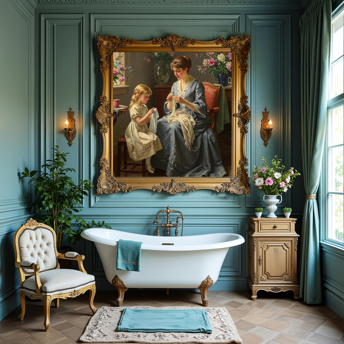 Vintage Mother & Daughter Sewing Art Print: Victorian Home Decor (Digital Download)