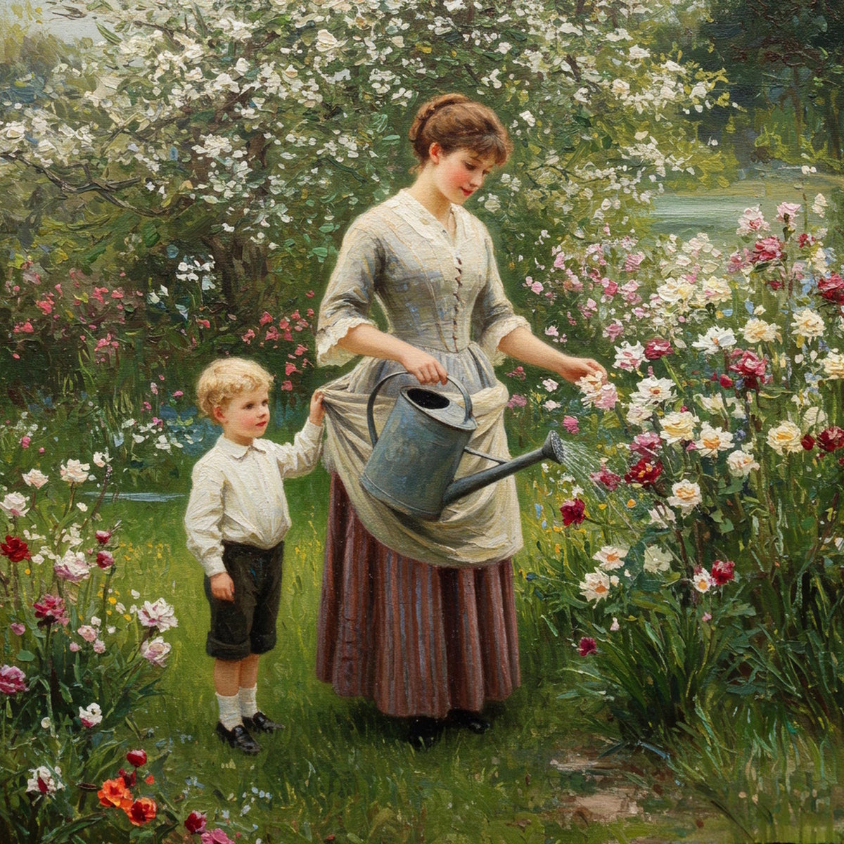 Victorian Mother and Son Gardening Art: Vintage Floral Print (Digital Download)