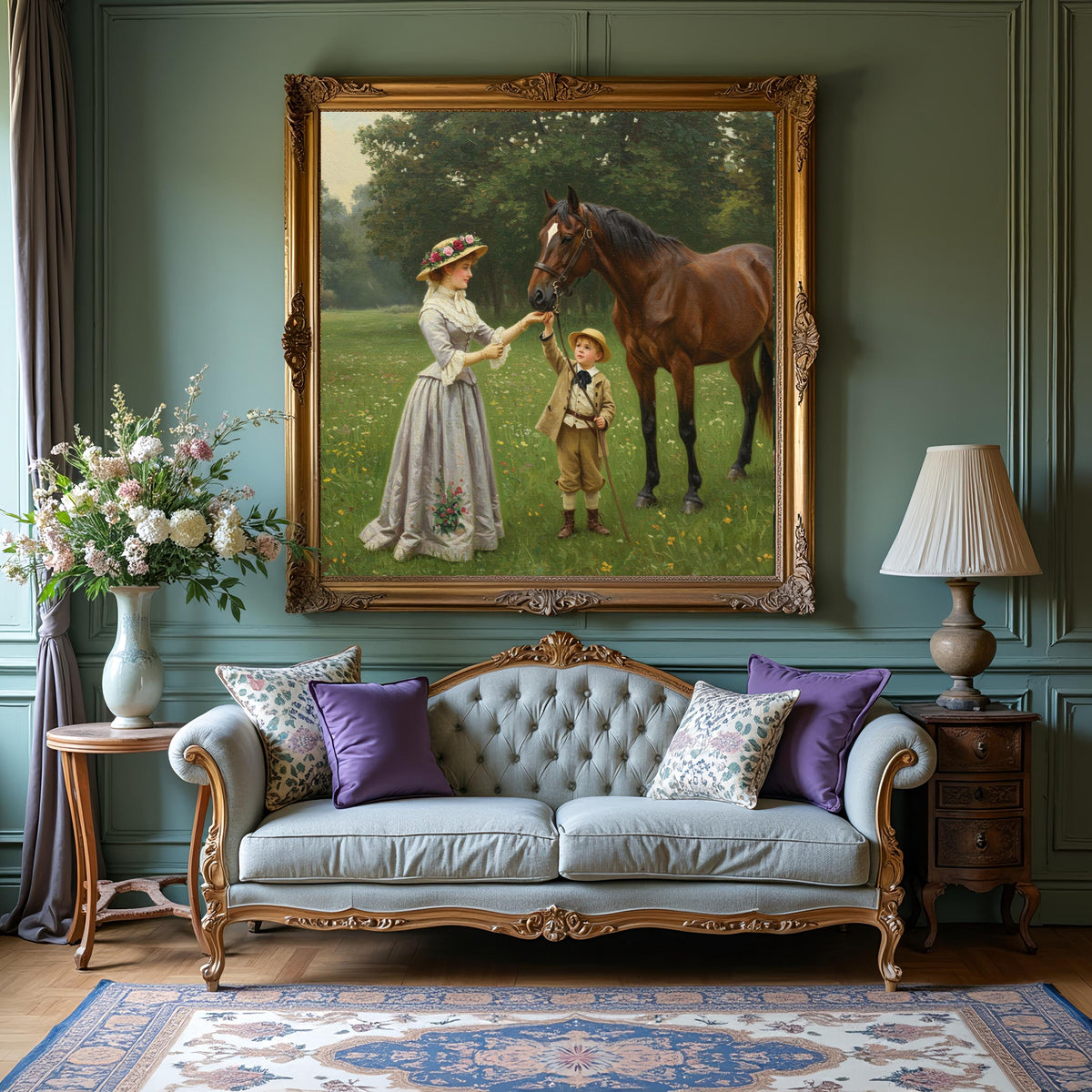 Victorian Horse Painting: Mother and Son, Countryside Scene (Digital Download)