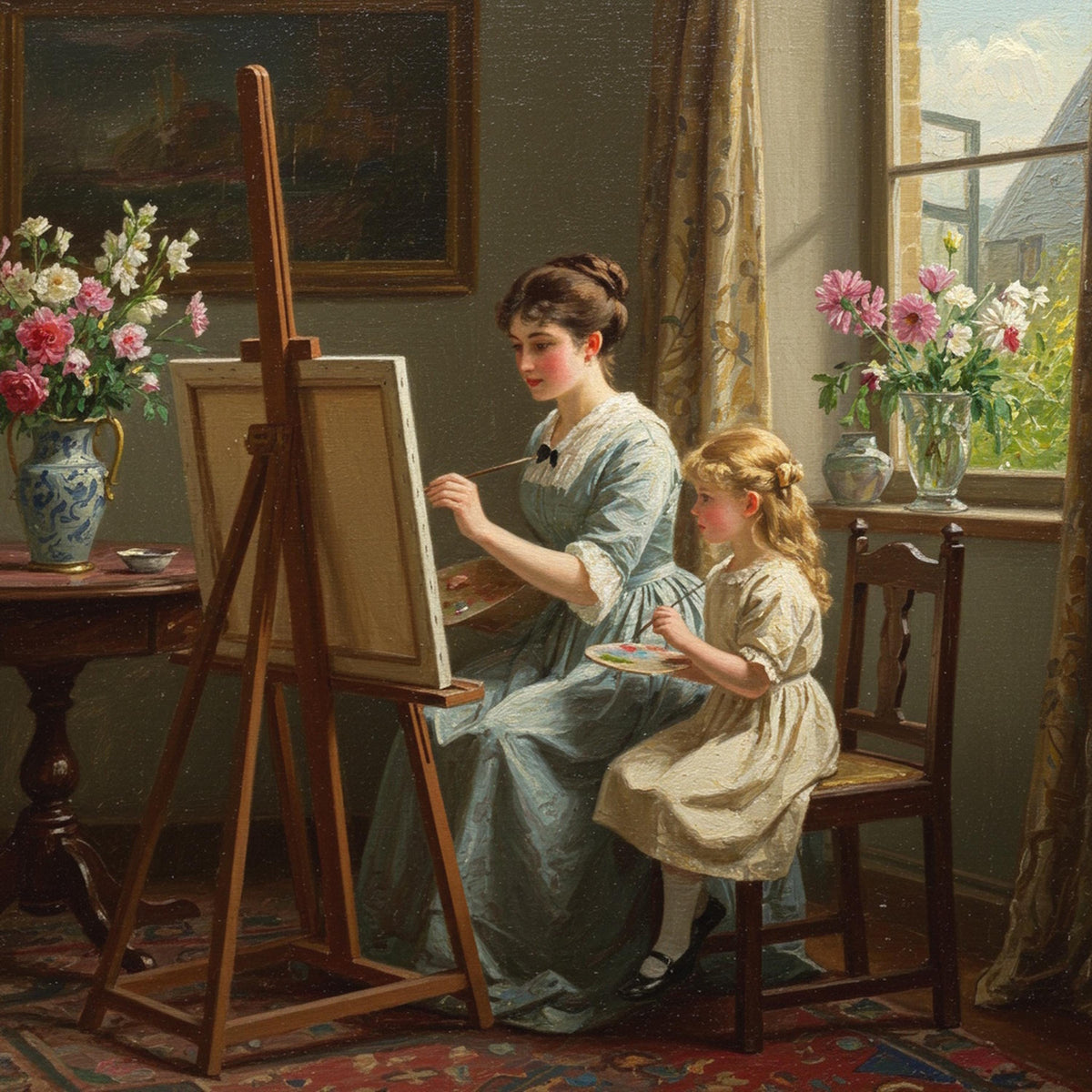 Vintage Mother and Daughter Painting: Art Lesson Print (Digital Download)