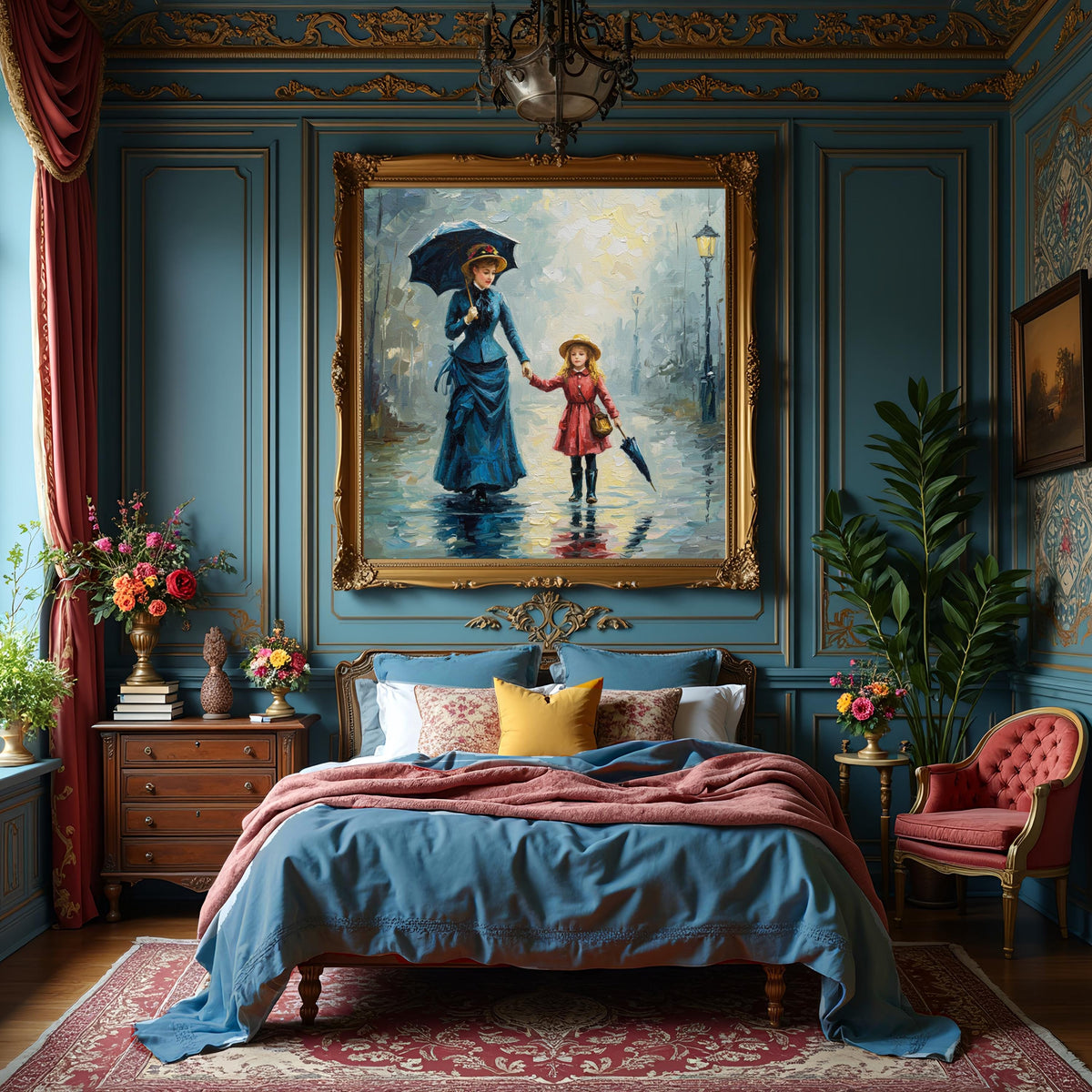 Vintage Mother and Daughter Oil Painting Print: Rainy Victorian Street (Digital Download)