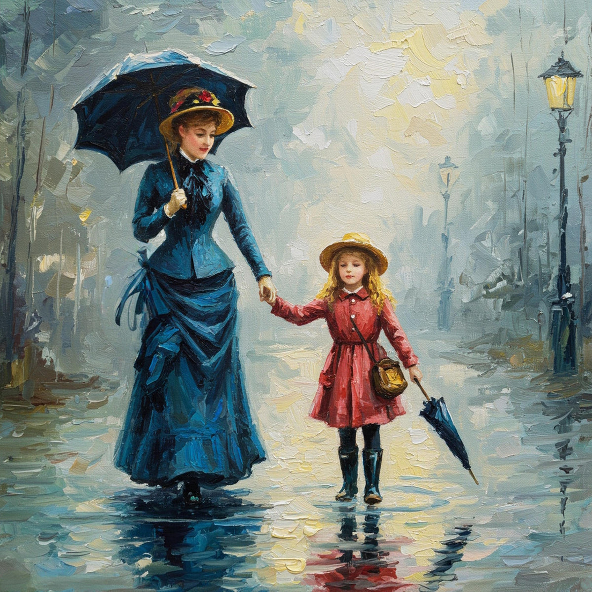 Vintage Mother and Daughter Oil Painting Print: Rainy Victorian Street (Digital Download)
