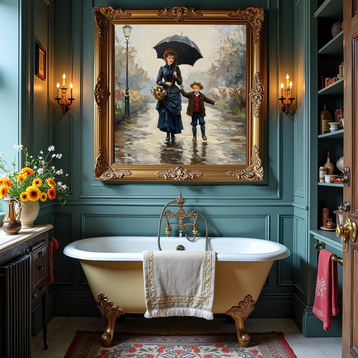 Vintage Mother and Son Rainy Day Print: Victorian Wall Art (Digital Download)