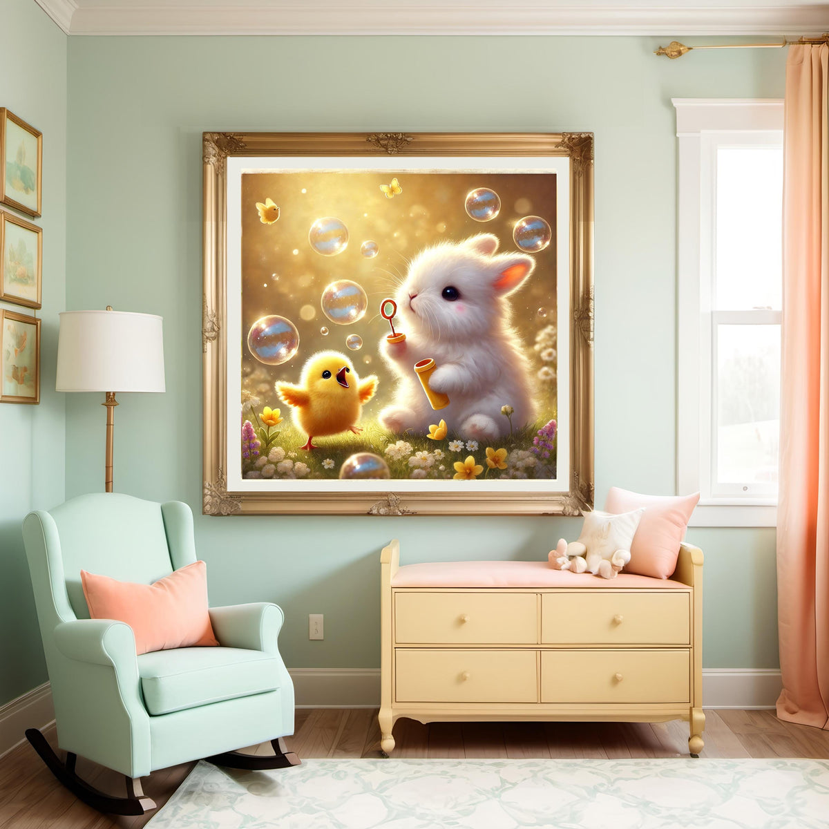 Bunny and Chick Blowing Bubbles Art Print, Spring Nursery Decor (Digital Download)