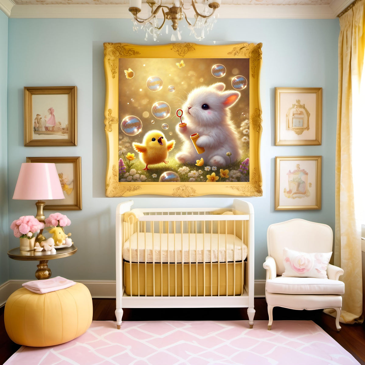 Bunny and Chick Blowing Bubbles Art Print, Spring Nursery Decor (Digital Download)