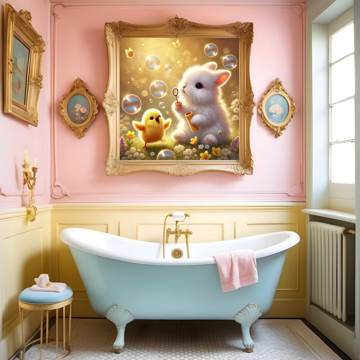 Bunny and Chick Blowing Bubbles Art Print, Spring Nursery Decor (Digital Download)