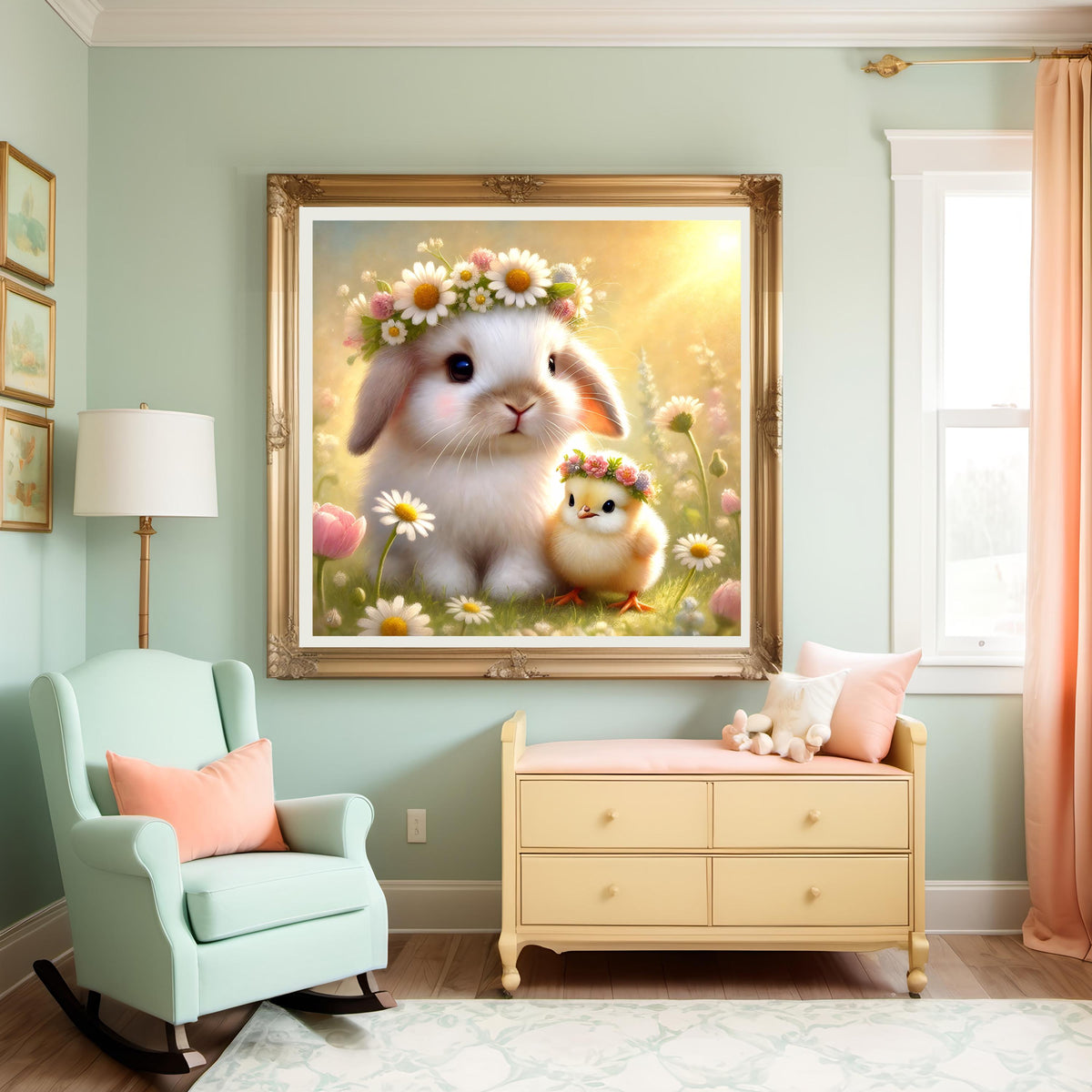 Bunny and Chick Flower Crown Print: Spring Nursery Art (Digital Download)