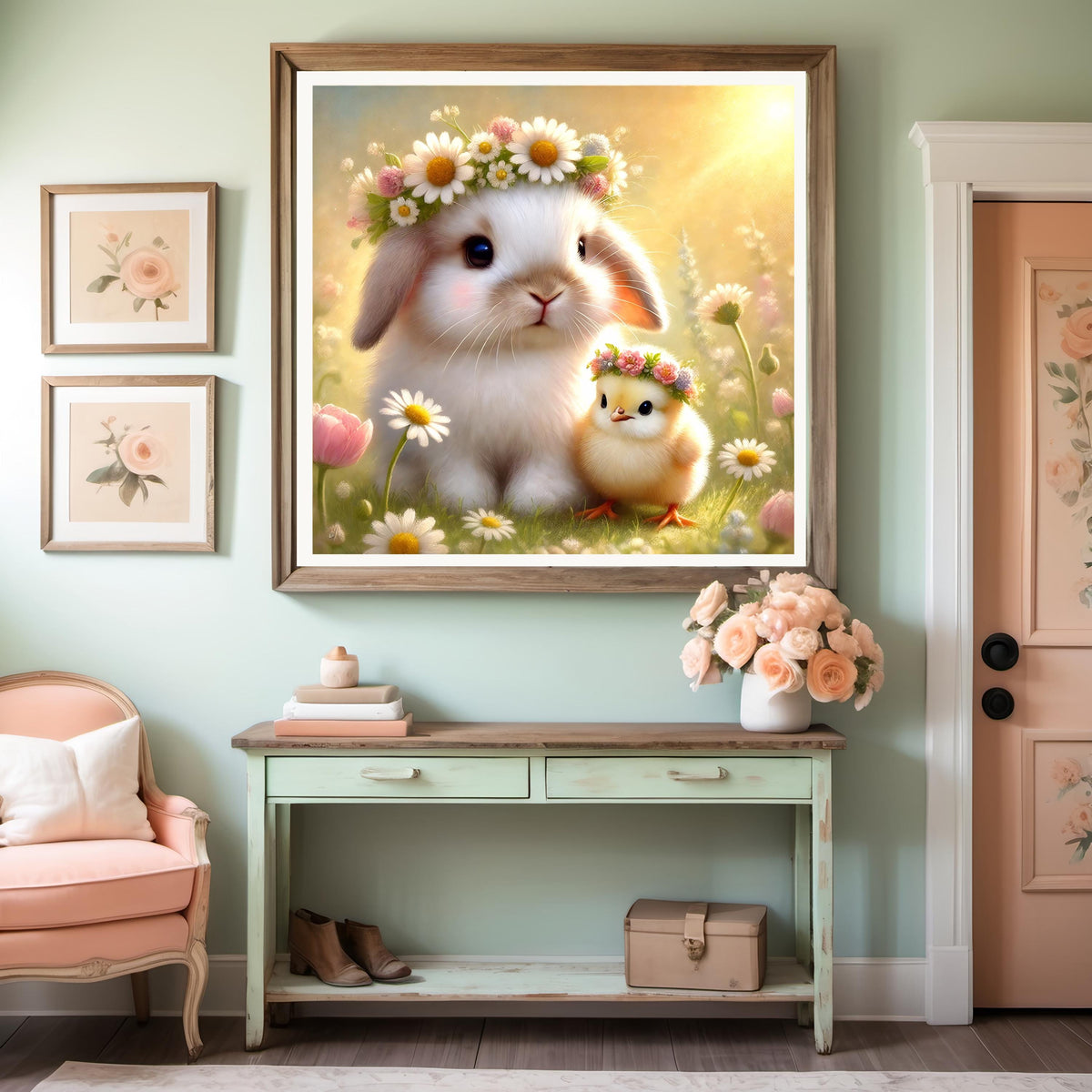 Bunny and Chick Flower Crown Print: Spring Nursery Art (Digital Download)