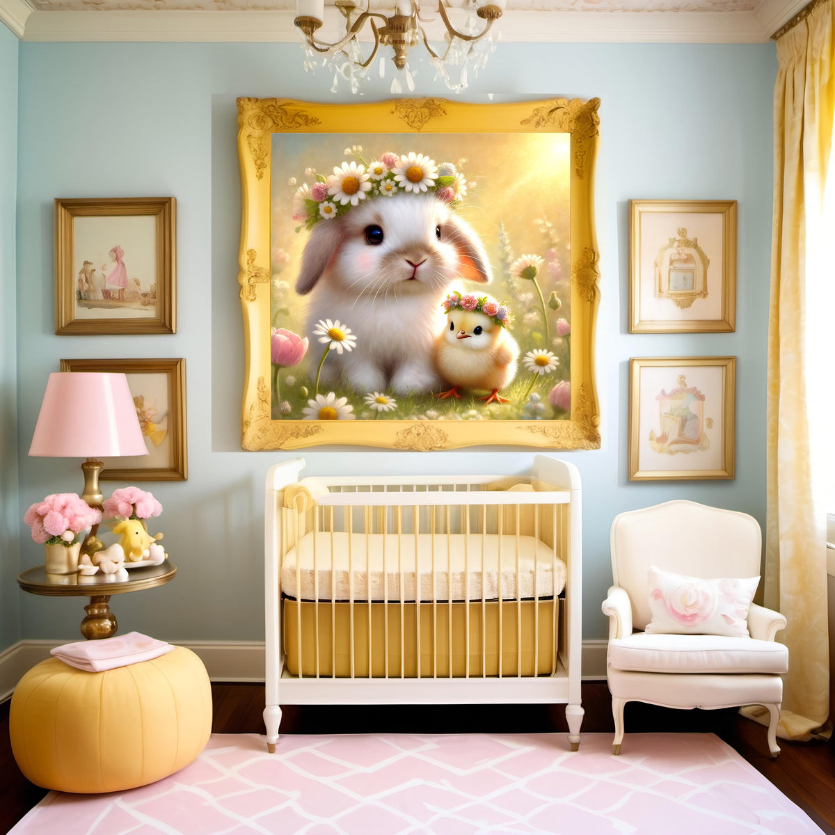 Bunny and Chick Flower Crown Print: Spring Nursery Art (Digital Download)