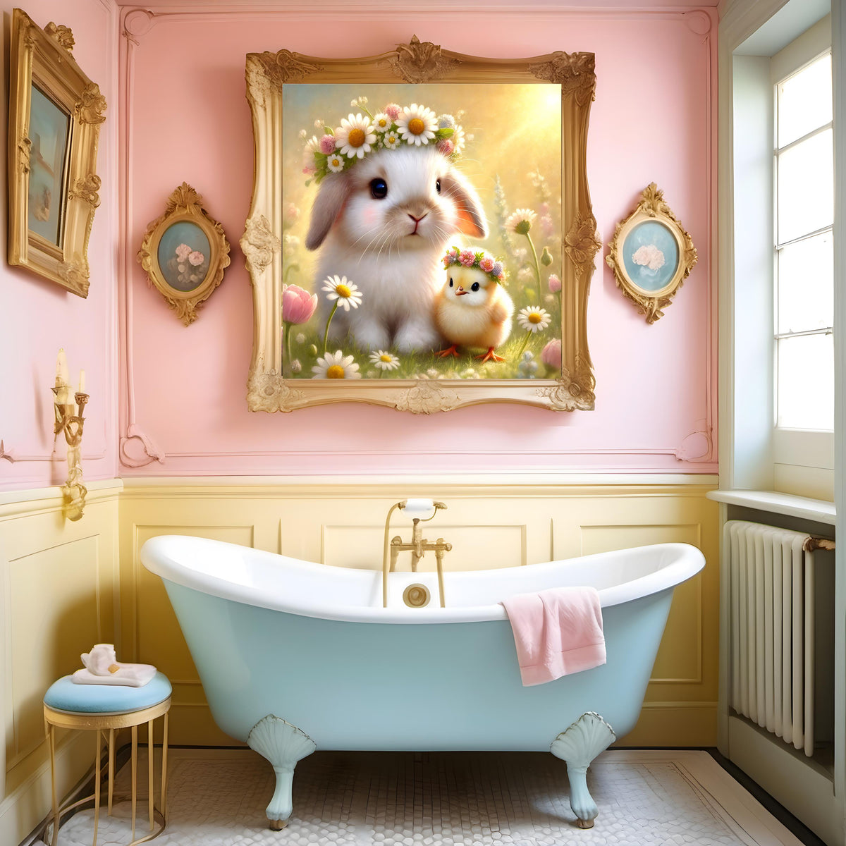 Bunny and Chick Flower Crown Print: Spring Nursery Art (Digital Download)