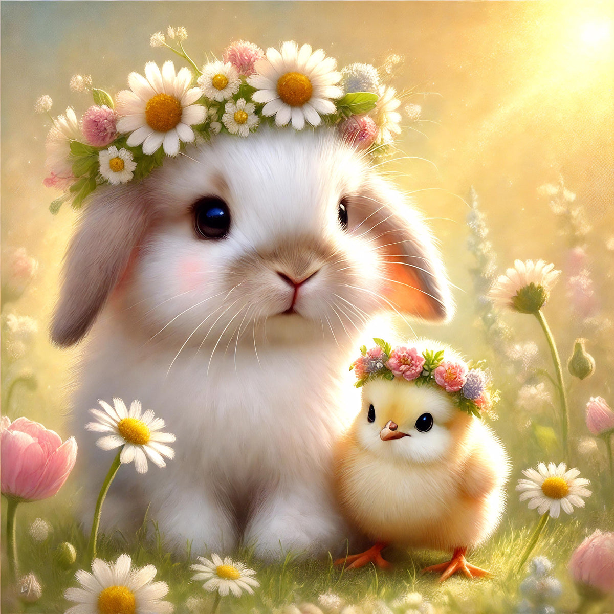 Bunny and Chick Flower Crown Print: Spring Nursery Art (Digital Download)