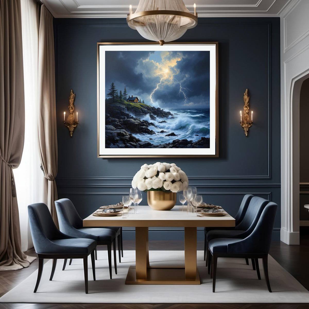 Stormy Seascape Print: Lighthouse, Coastal Cottage, Lightning (Digital Download)