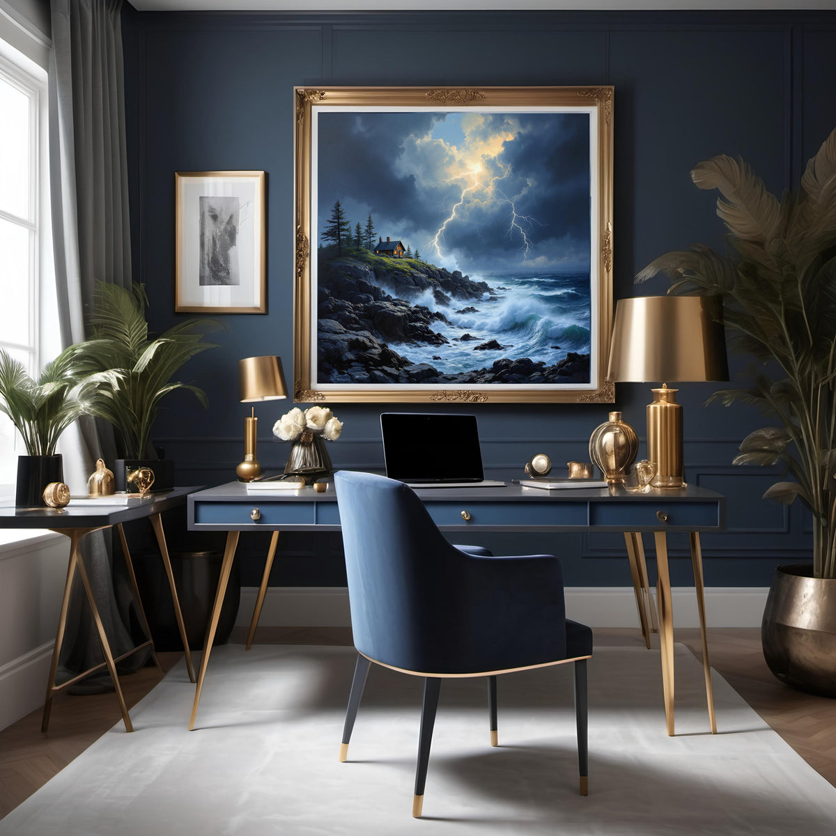 Stormy Seascape Print: Lighthouse, Coastal Cottage, Lightning (Digital Download)