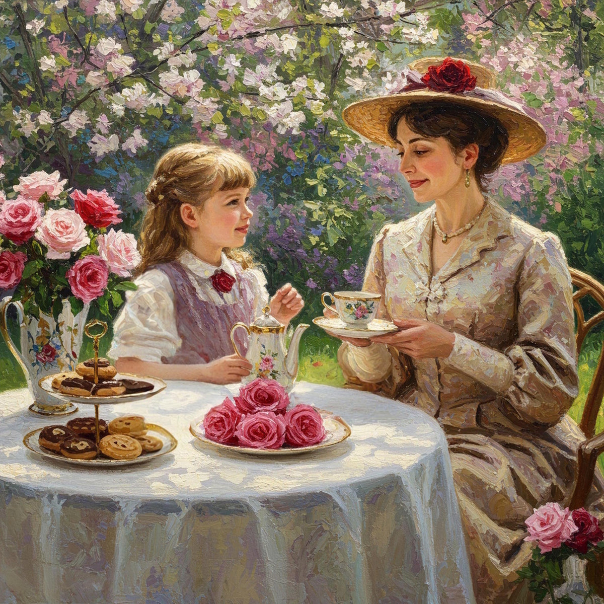 Victorian Mother Daughter Tea Party Art Print: Vintage Floral Garden (Digital Download)
