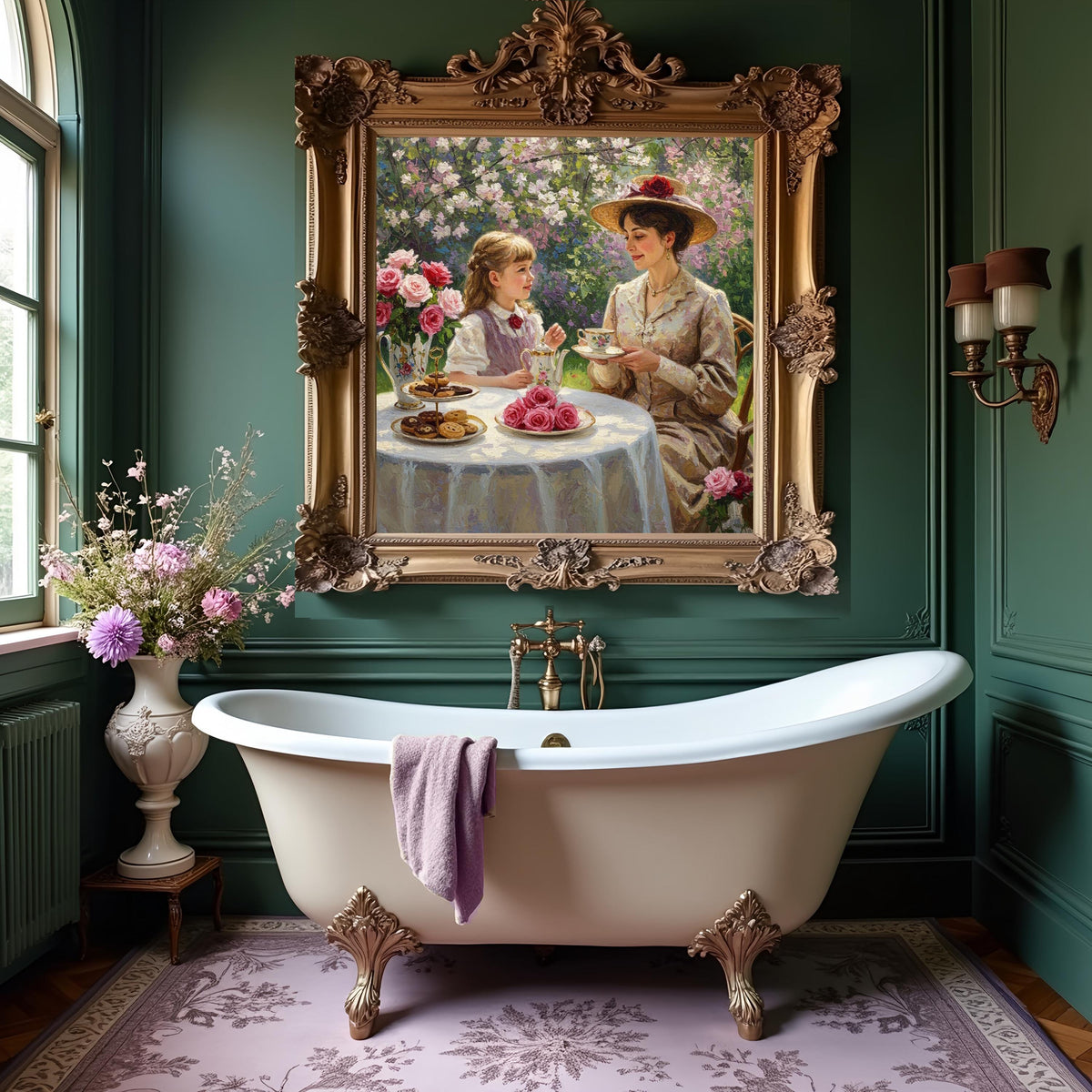 Victorian Mother Daughter Tea Party Art Print: Vintage Floral Garden (Digital Download)