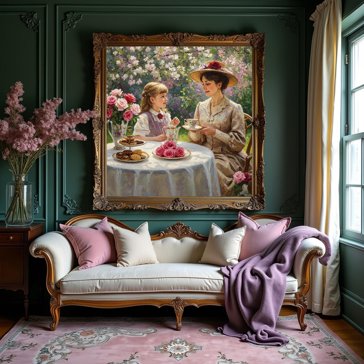 Victorian Mother Daughter Tea Party Art Print: Vintage Floral Garden (Digital Download)