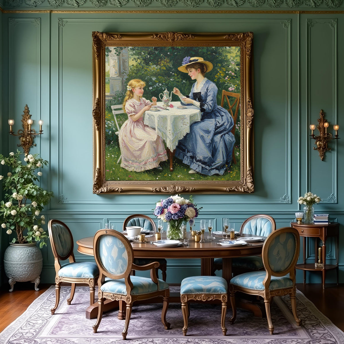 Victorian Tea Party Art Print: Mother & Daughter in Garden (Digital Download)