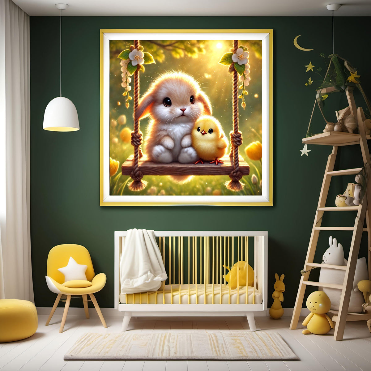Bunny and Chick Spring Nursery Art: Baby Animal Swing (Digital Download)