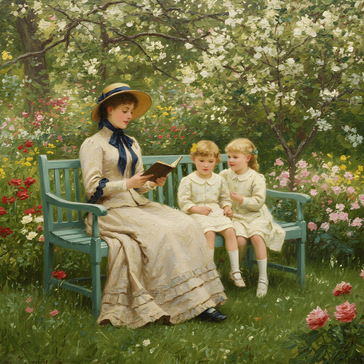 Victorian Mother and Daughters Painting: Impressionist Garden Scene (Digital Download)