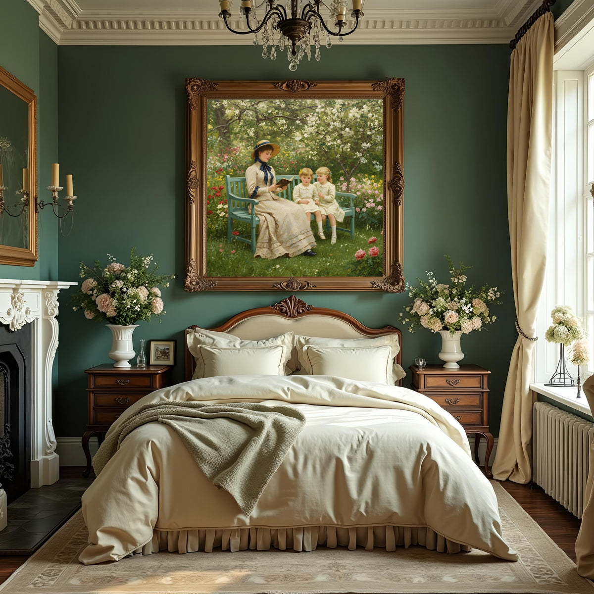 Victorian Mother and Daughters Painting: Impressionist Garden Scene (Digital Download)