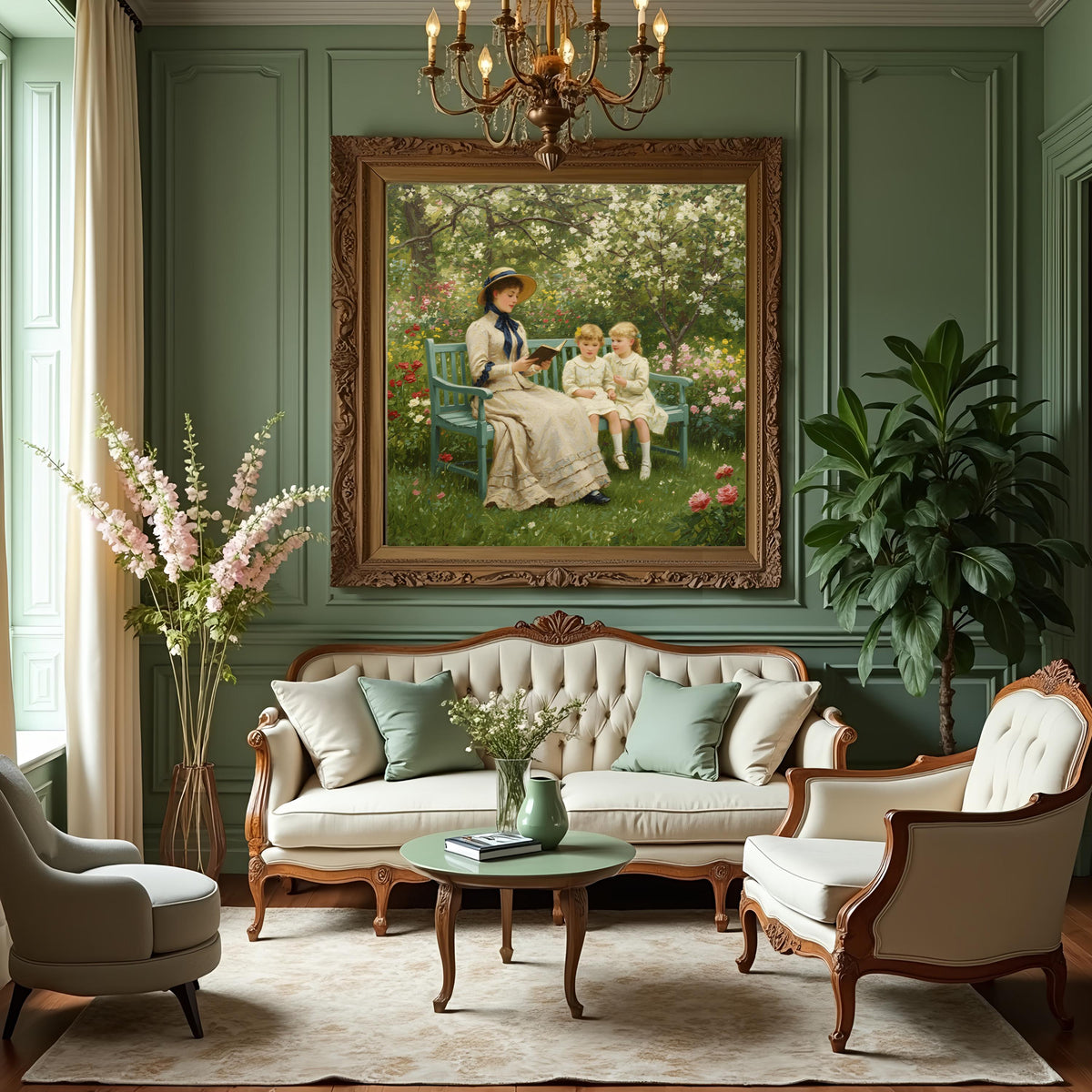 Victorian Mother and Daughters Painting: Impressionist Garden Scene (Digital Download)