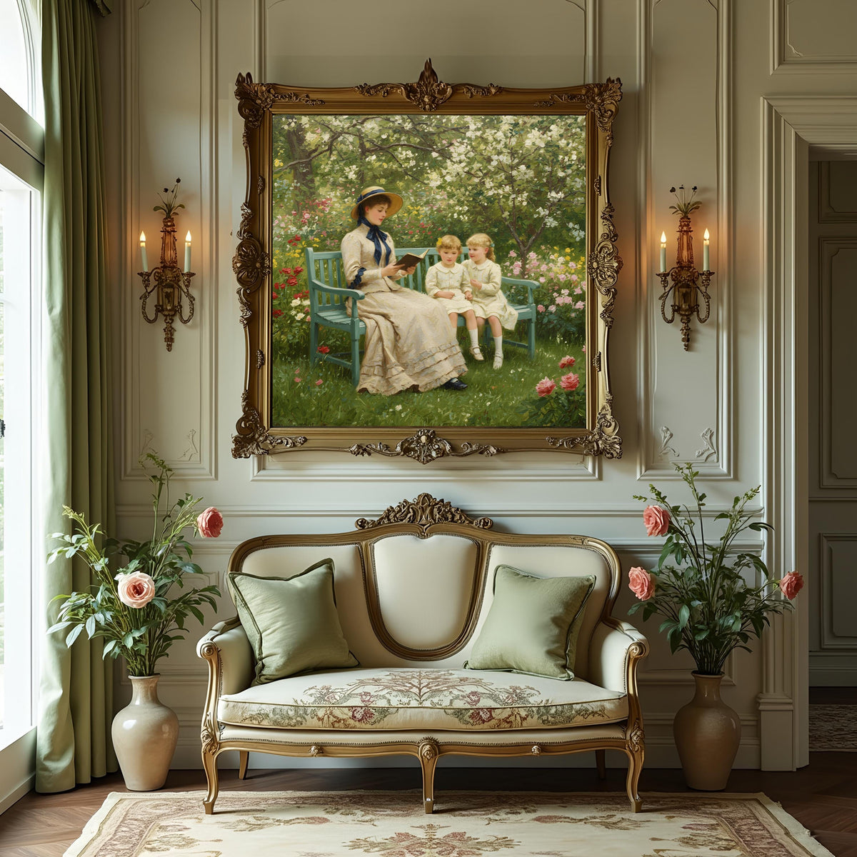 Victorian Mother and Daughters Painting: Impressionist Garden Scene (Digital Download)