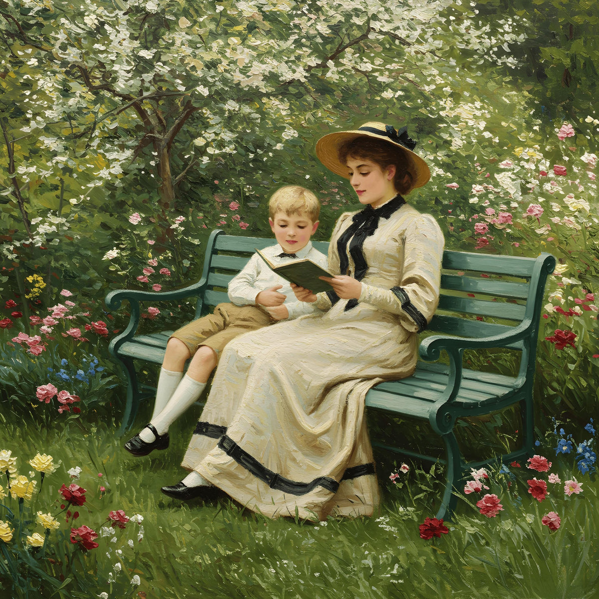 Victorian Mother and Son Reading Art Print: Antique Garden Scene (Digital Download)