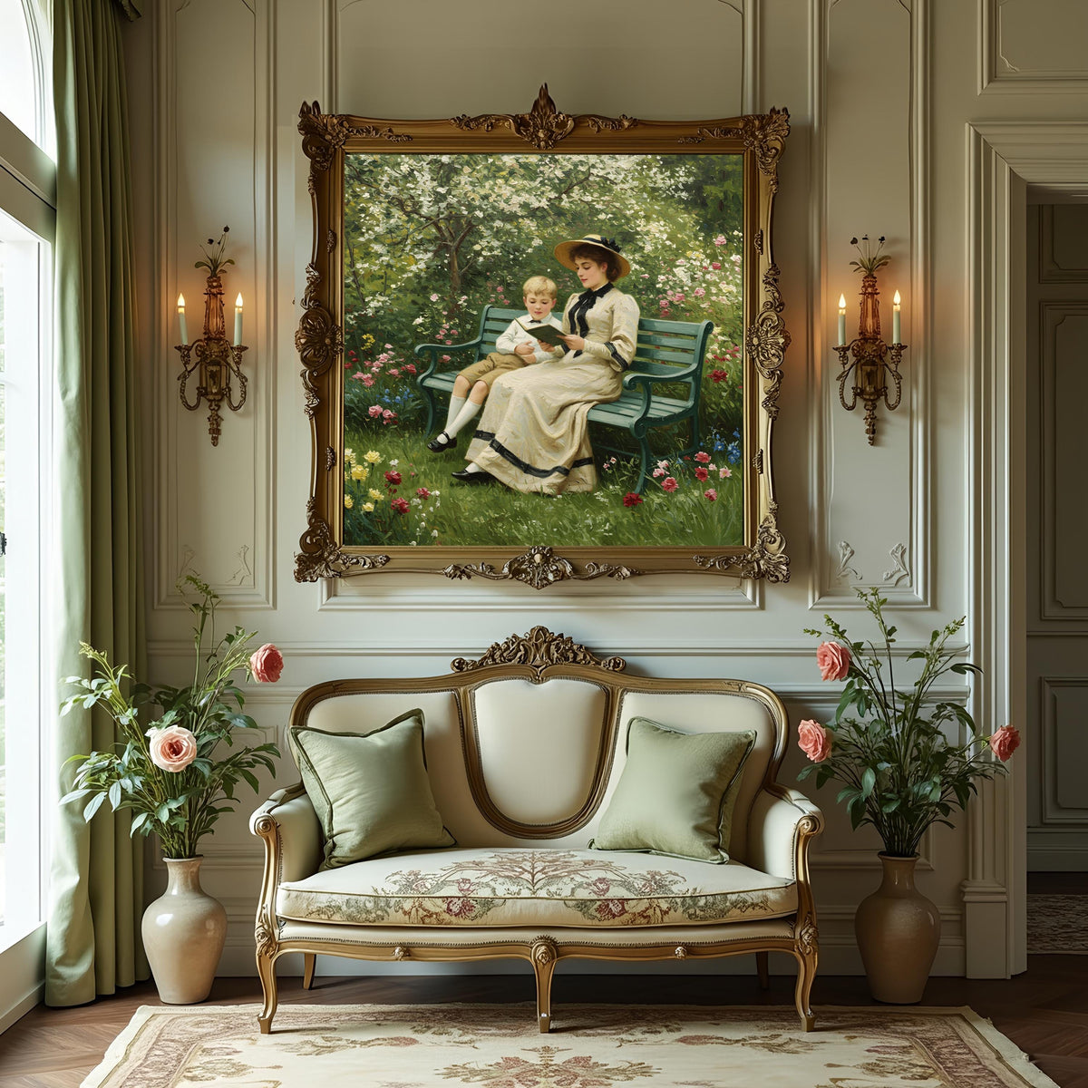 Victorian Mother and Son Reading Art Print: Antique Garden Scene (Digital Download)