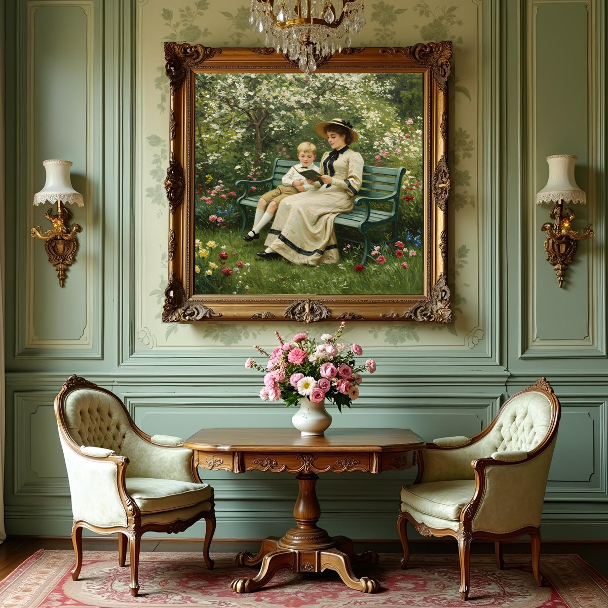 Victorian Mother and Son Reading Art Print: Antique Garden Scene (Digital Download)