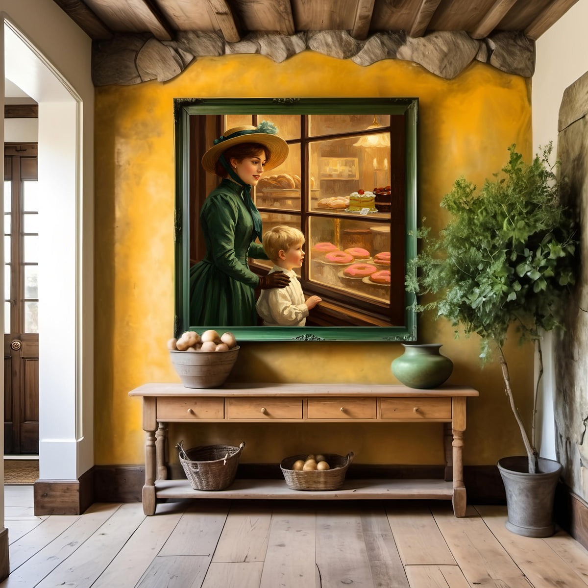 Victorian Bakery Window Art: Mother and Son Vintage Scene (Digital Download)