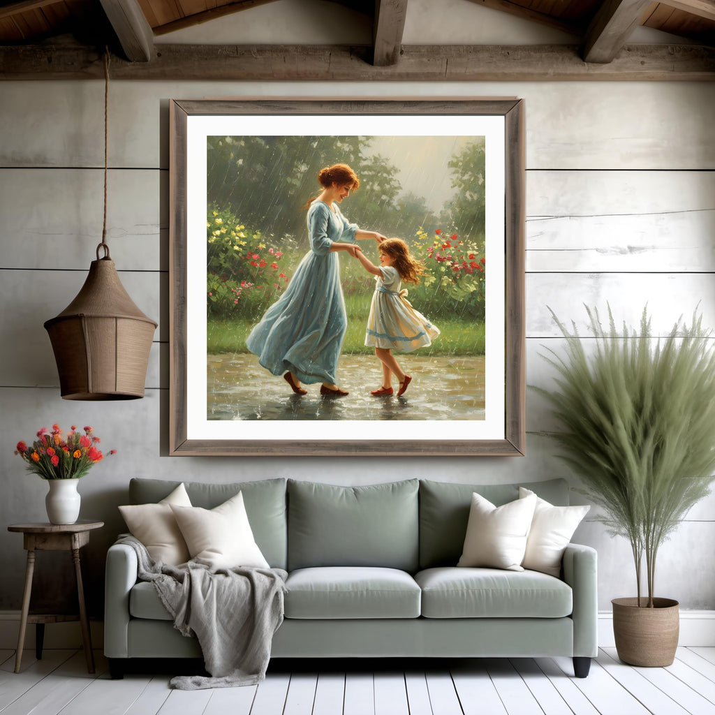 Mother & Daughter Dancing in Rain Art Print: Whimsical Garden Scene (Digital Download)
