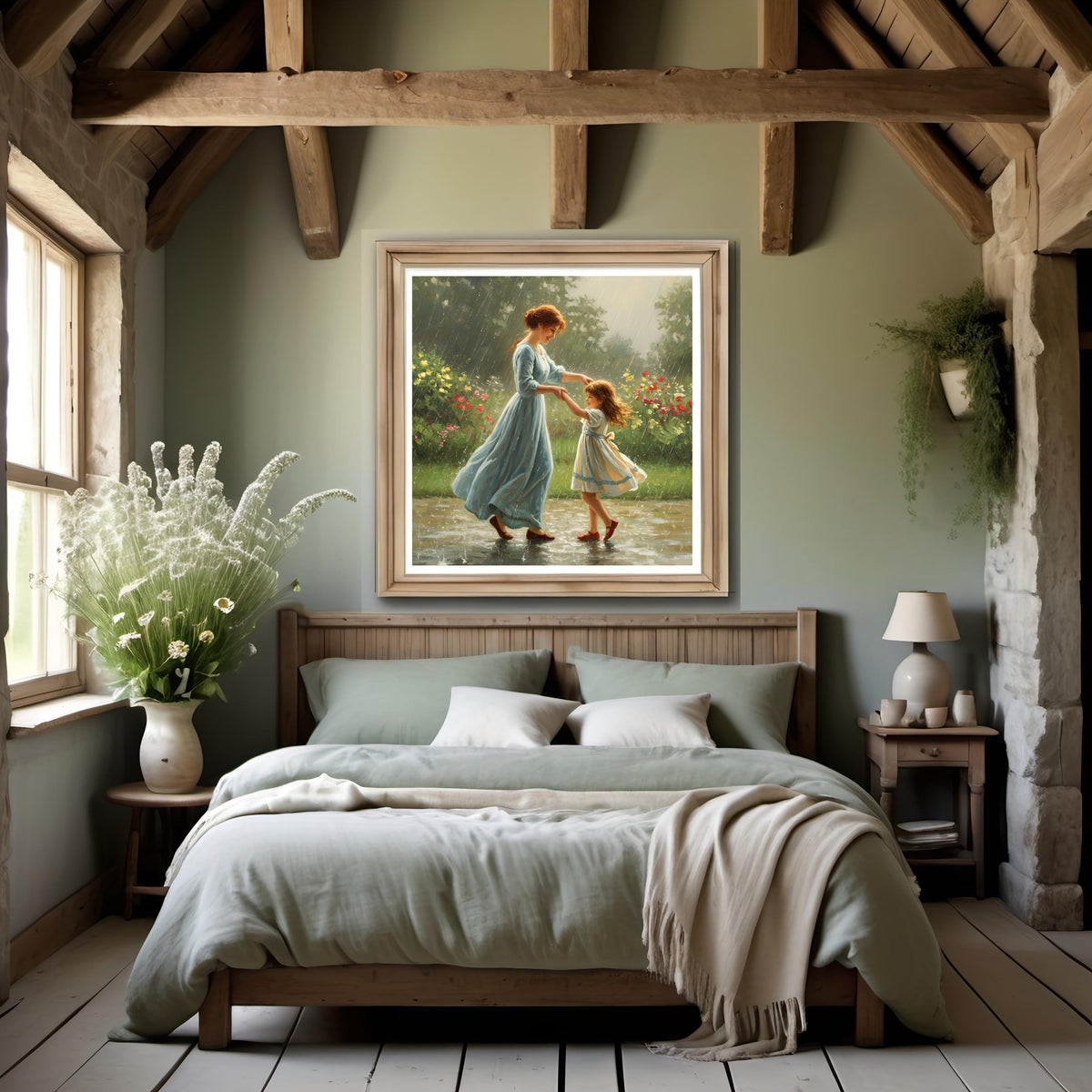Mother & Daughter Dancing in Rain Art Print: Whimsical Garden Scene (Digital Download)